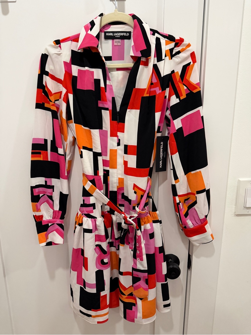 Karl Lagerfeld Colorblock Geometric Shirt Dress in Pink, Orange, Black & White